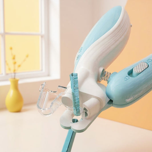 Animoo pet nail clippers with safety guard, ergonomic design, and light blue accents. Precision grooming tool.