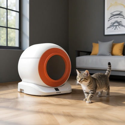 Animoo white and orange automatic cat litter box with a modern, spherical design. Features a large circular opening and LED display.