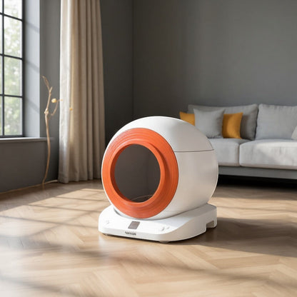 Animoo white and orange automatic cat litter box with a modern, spherical design and LED display.