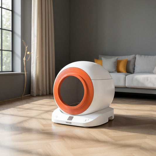 Animoo white and orange automatic cat litter box with a modern, spherical design and LED display.