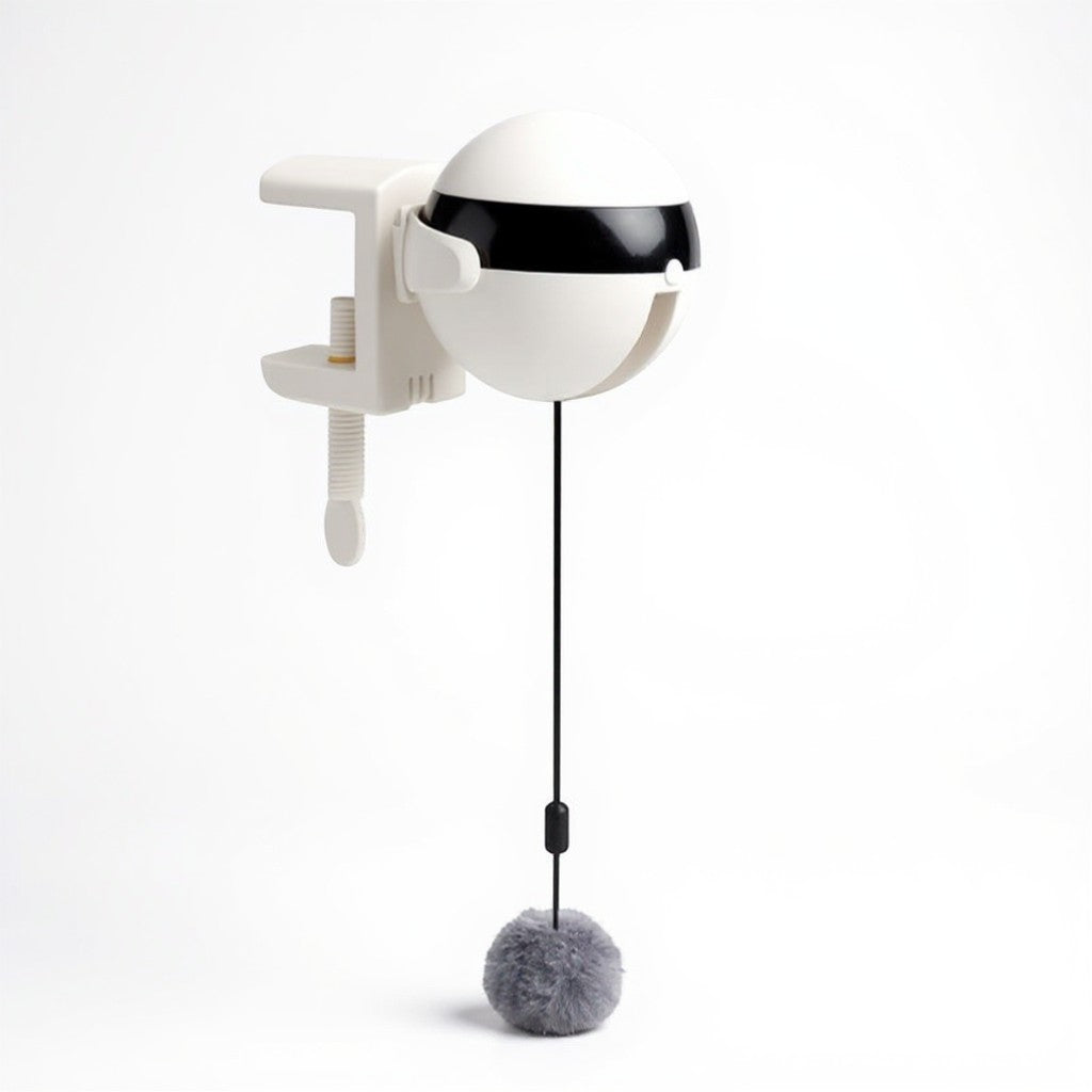 Animoo automatic interactive cat toy with a grey fluffy ball on a string, white plastic clamp base.