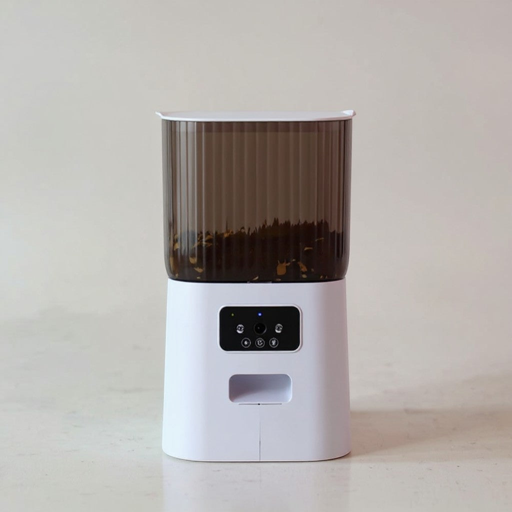 Animoo automatic pet feeder with camera and microphone, 5L capacity, dual stainless steel bowls, app-controlled feeding for cats and small dogs.
