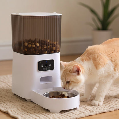 Animoo automatic pet feeder with camera and microphone, white, 5L capacity, dual stainless steel bowls, app-controlled.