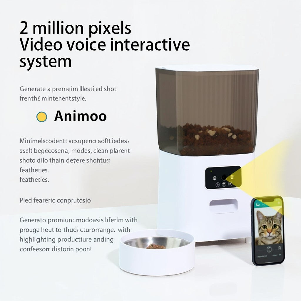 Animoo white automatic pet feeder with camera, microphone, and 5L capacity. Dispenses programmed meals for cats and small dogs.