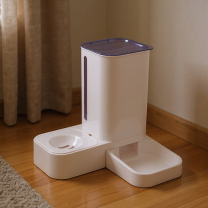 Animoo white 2-in-1 automatic pet feeder and water dispenser, gravity-fed plastic