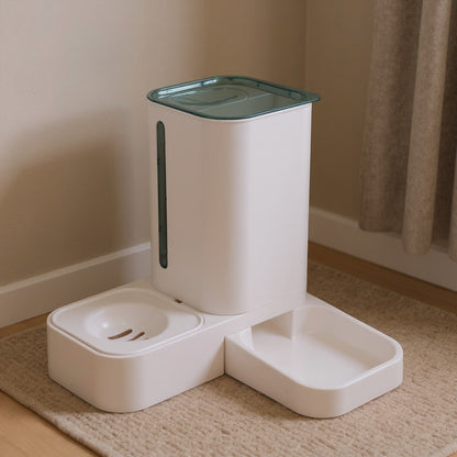 Animoo white 2-in-1 automatic pet feeder and water dispenser with transparent water level indicator.