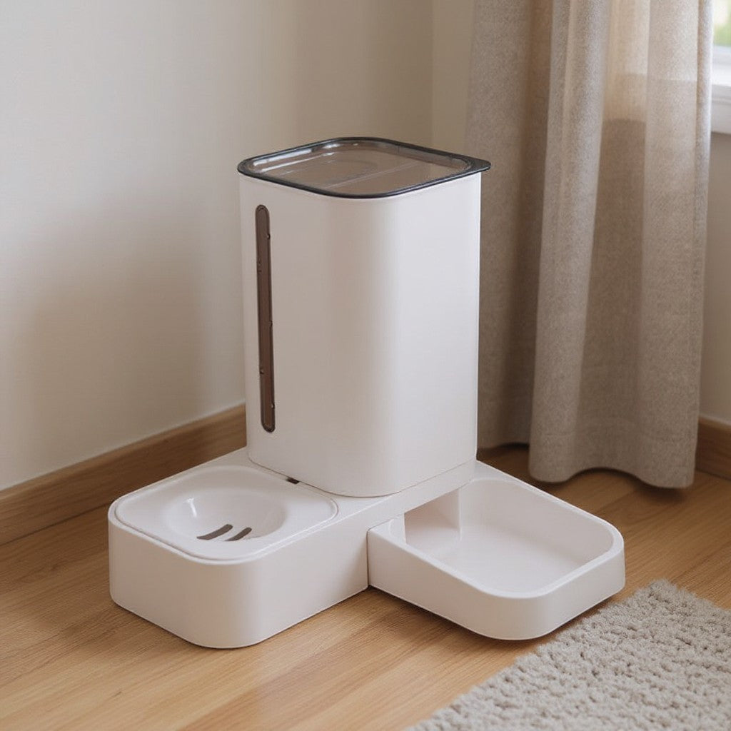 Animoo white 2-in-1 automatic pet feeder and water dispenser with gravity-fed system.