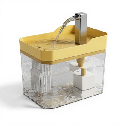 Animoo automatic pet water fountain with yellow lid and transparent reservoir, providing filtered water for cats and small dogs.