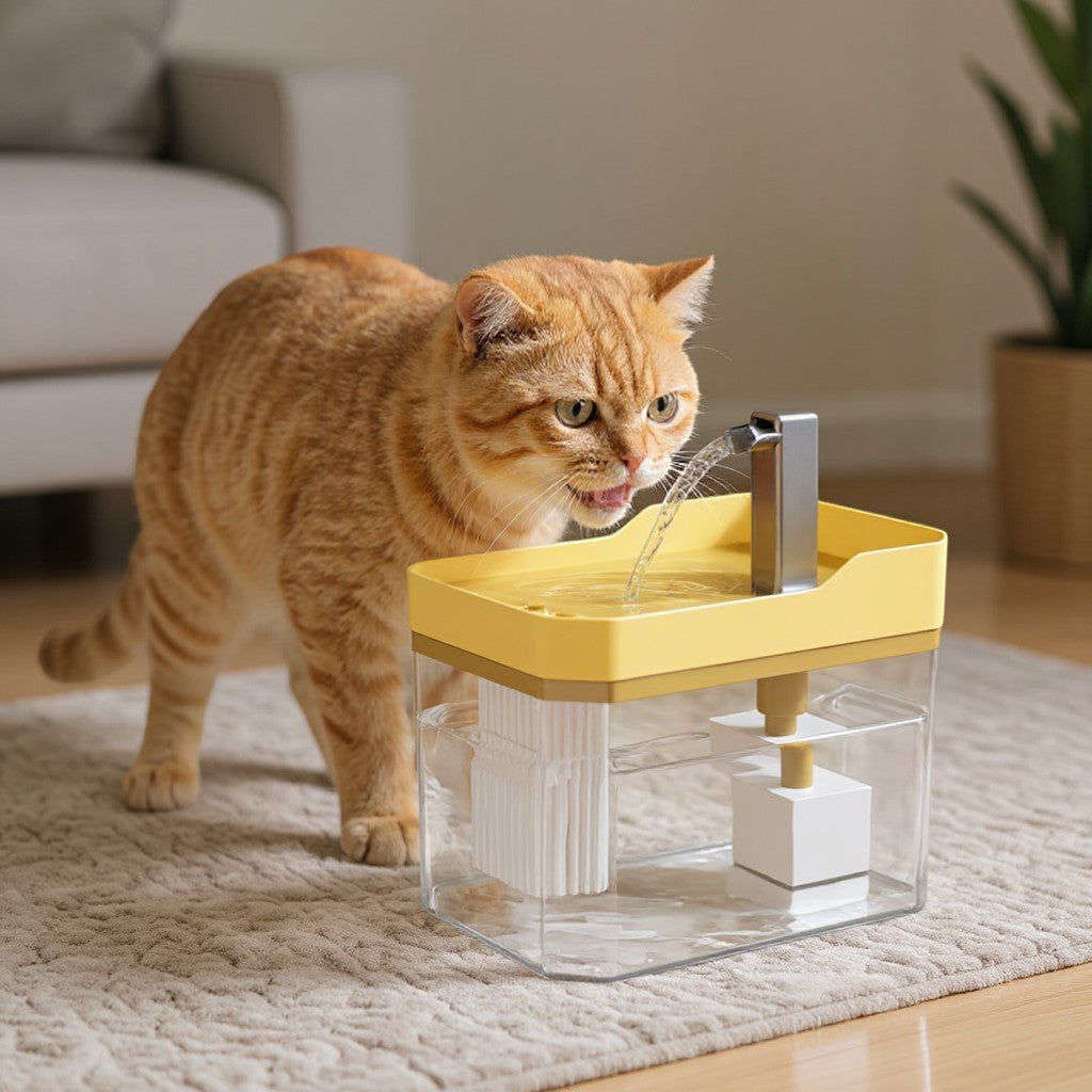 Animoo automatic pet water fountain with yellow top and clear reservoir, providing filtered water for cats and small dogs.