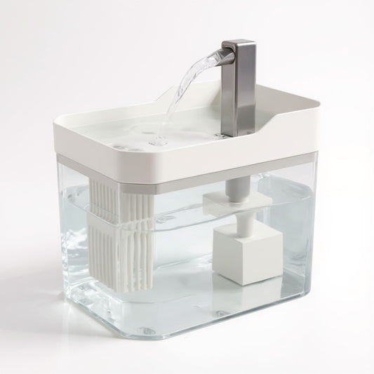 Animoo automatic pet water fountain with clear reservoir, white casing, and stainless steel spout. Water flows continuously.