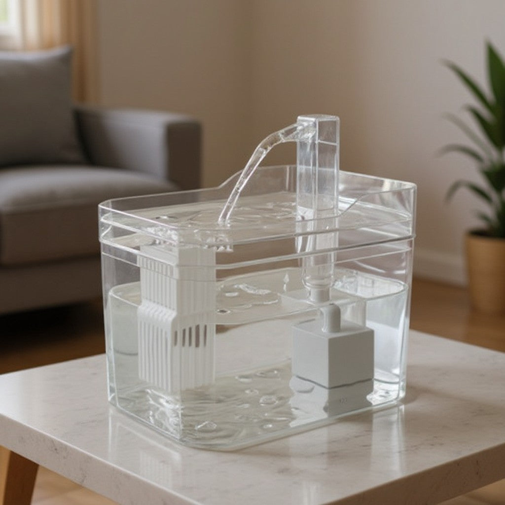 Animoo automatic pet water fountain, clear plastic with flowing water and filter. Ideal for cats and small dogs.