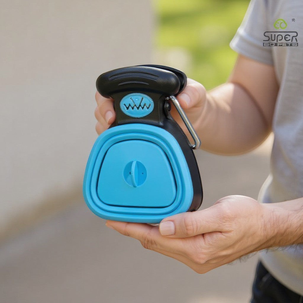 Animoo blue and black portable dog waste scooper with a one-handed ergonomic design for clean walks.