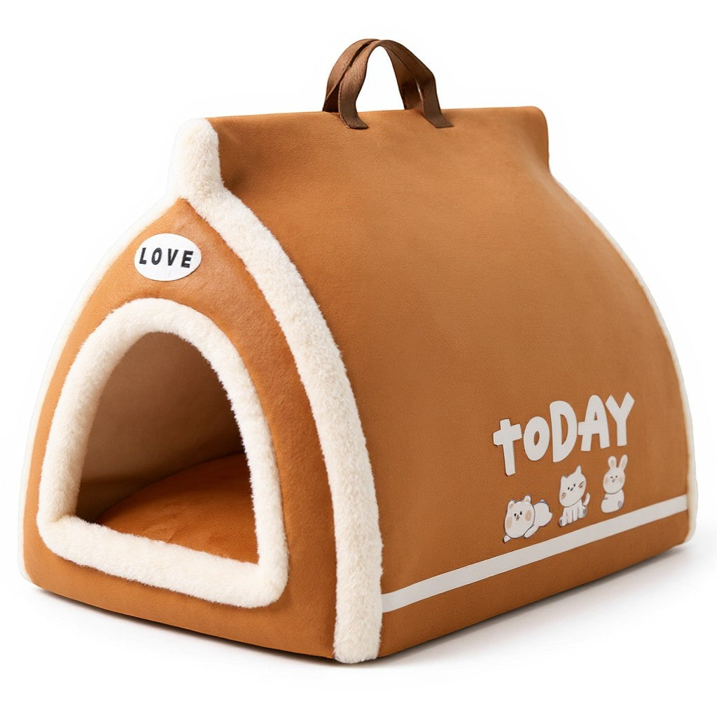 Animoo brown plush pet house with "LOVE" and "TODAY" text and cute animal graphics. Soft, cozy, and enclosed design.