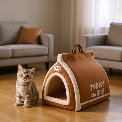 Animoo brown plush pet house with 'LOVE' and 'TODAY' text, featuring cute animal graphics. Cozy and warm.