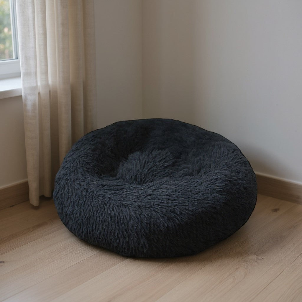 Animoo dark grey plush round dog bed with a soft, fluffy texture and non-slip bottom.