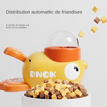 Animoo yellow duck-shaped interactive treat dispenser toy for dogs and cats, made of durable ABS plastic.