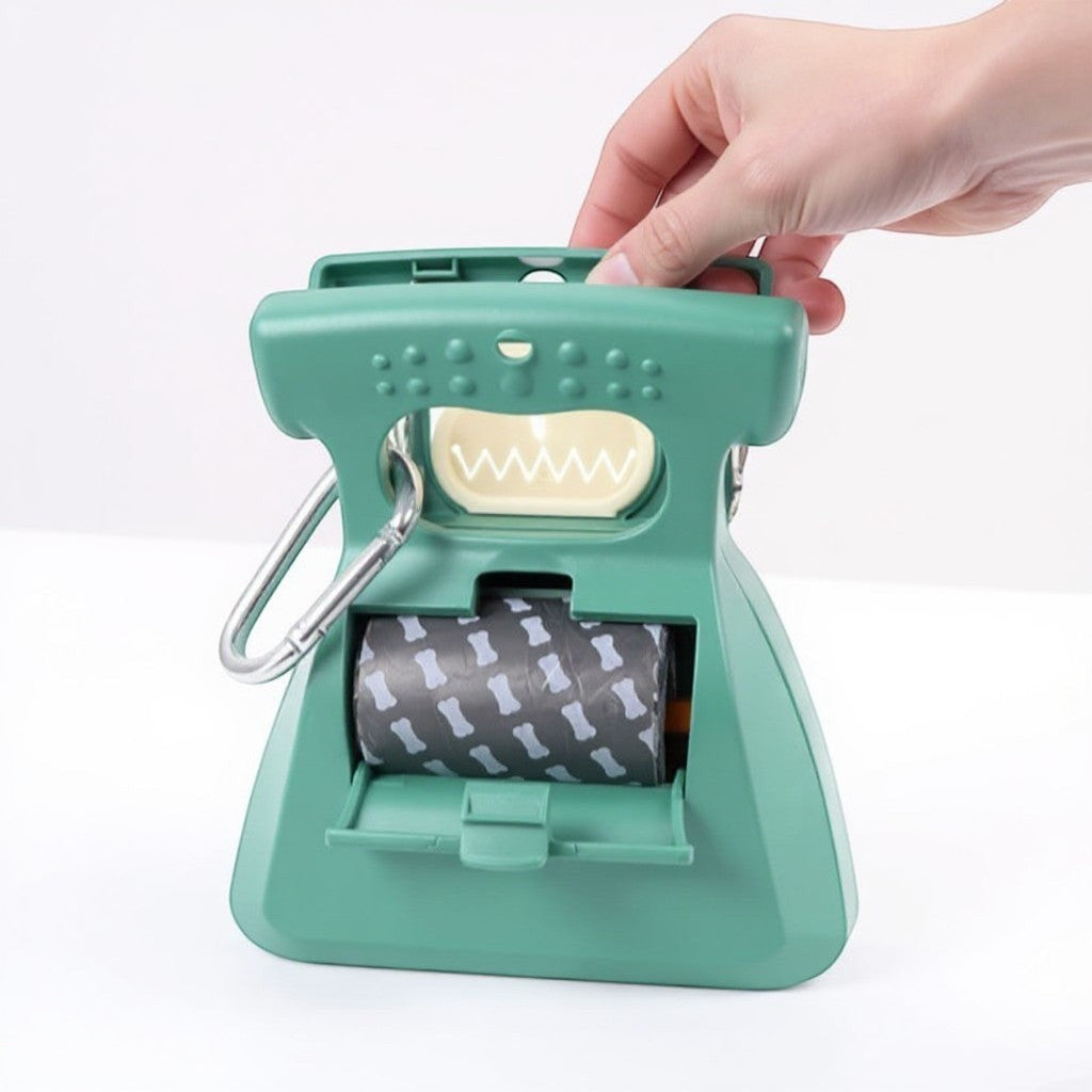 Animoo green plastic dog waste bag dispenser with carabiner clip and roll of bone-patterned bags