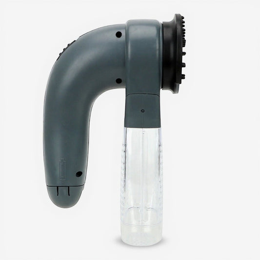 Animoo grey handheld pet grooming vacuum brush with integrated hair collection chamber.