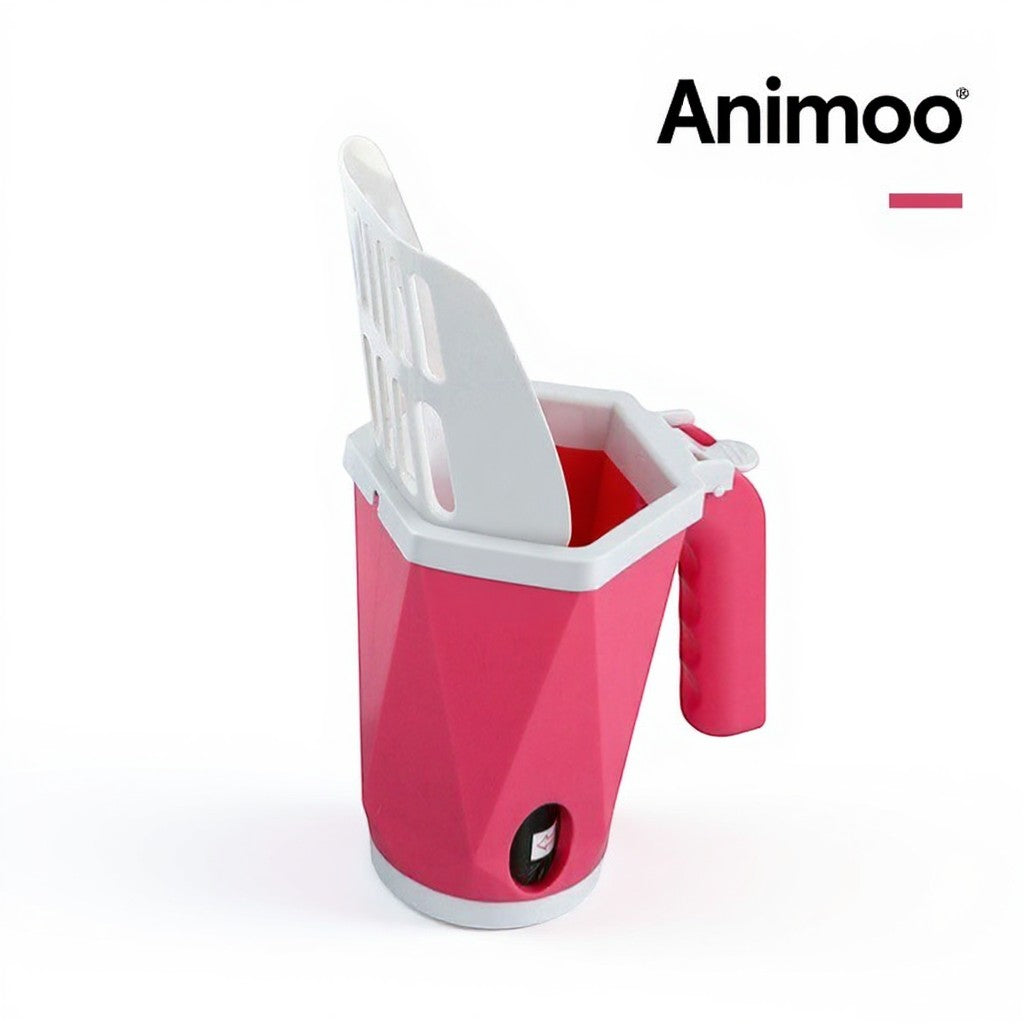 Animoo red self-cleaning litter scoop with integrated bag dispenser and filtered holes for efficient waste removal.