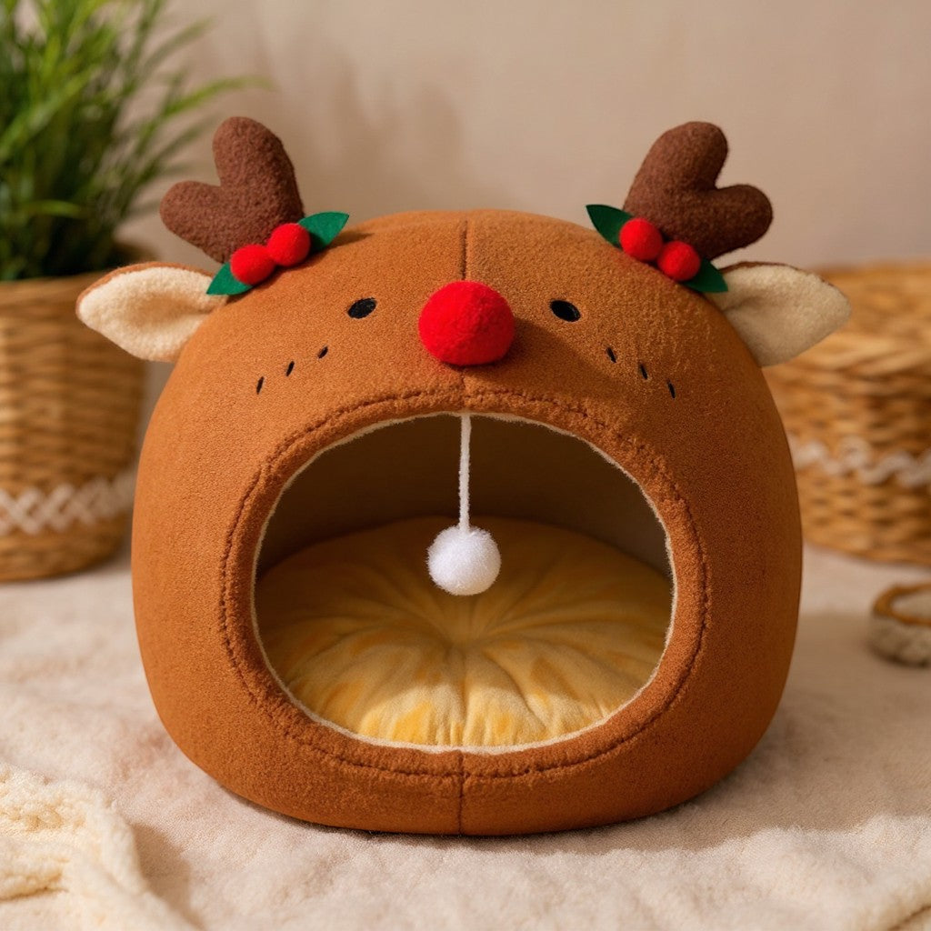 Animoo brown plush reindeer pet bed with antlers and red nose, soft and cozy for cats and dogs.