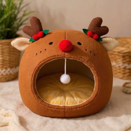 Animoo brown plush reindeer pet bed with antlers and red nose, soft and cozy for cats and dogs.