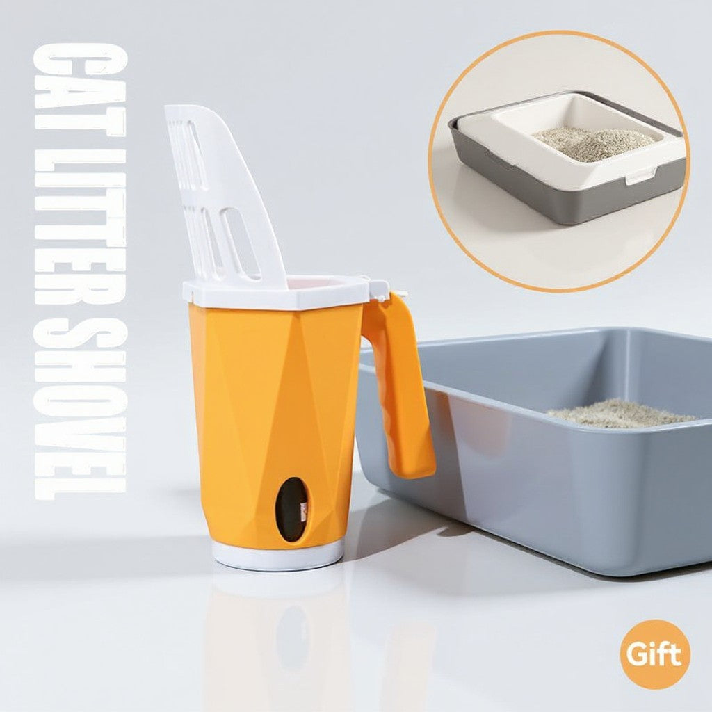 Animoo self-cleaning cat litter scoop with integrated waste bin, orange and white plastic, one-handed use.