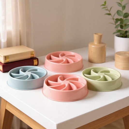 Animoo light pink, blue, and green PP plastic slow feeder dog and cat bowl with maze design.