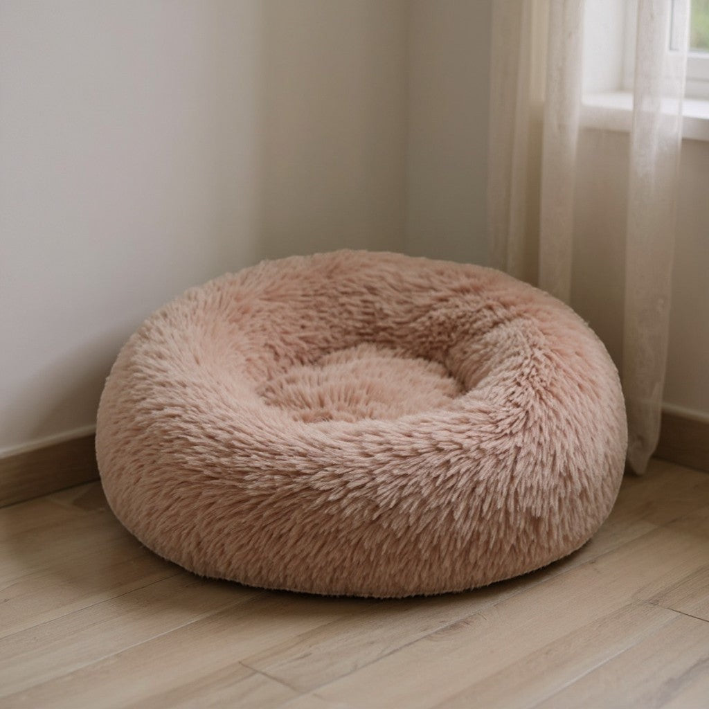 Animoo taupe plush round dog bed with raised edges for comfort and security. Machine washable.