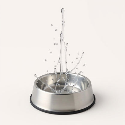 Animoo white double pet bowl feeder with stainless steel bowls, ideal for cats and small dogs.