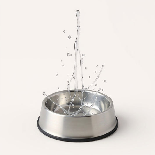 Animoo white double pet bowl feeder with stainless steel bowls, ideal for cats and small dogs.