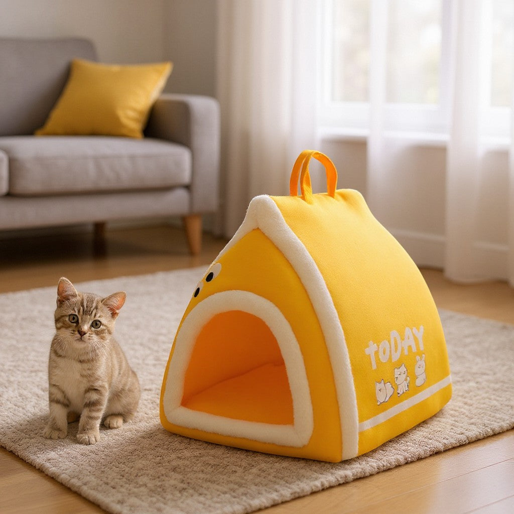 Animoo yellow plush pet bed shaped like a house with a soft interior and cute animal graphics. Ideal for cats and small dogs.